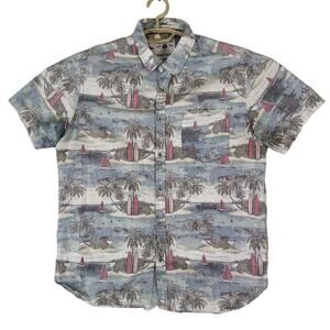 Denim & Flower Shirt Mens L Slim Fit Inside Out Hawaiian Vacation Aloha Cotton